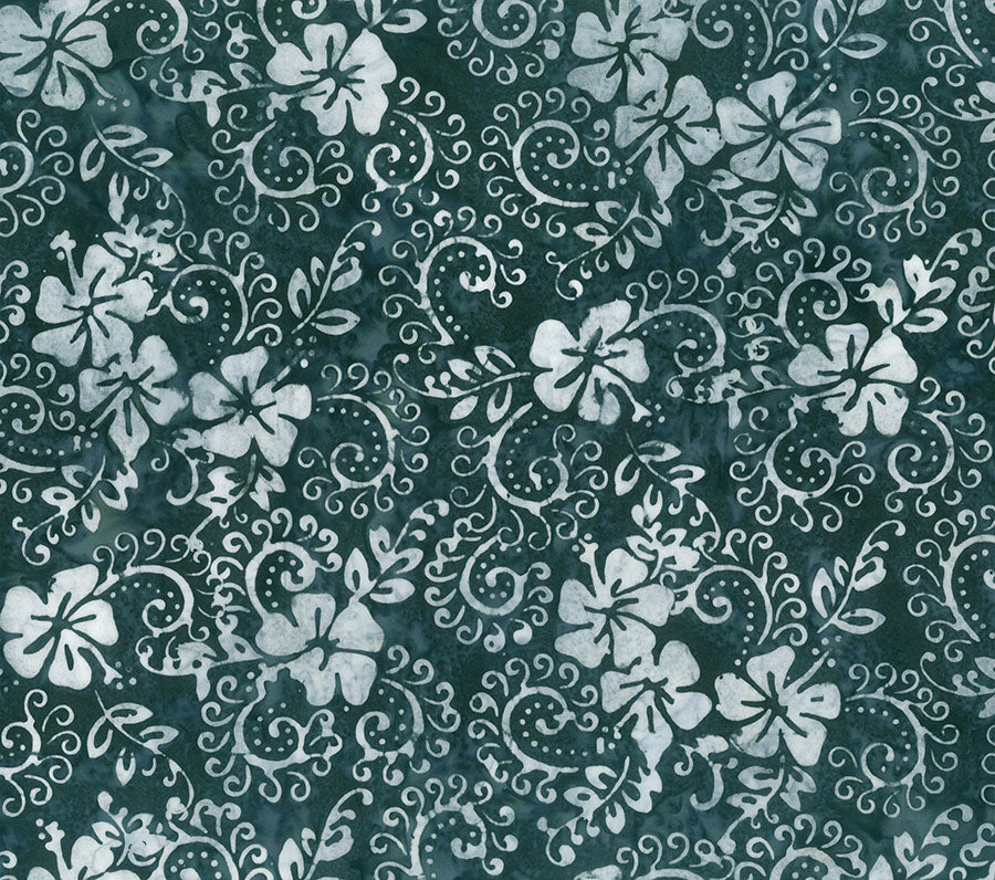 Boardwalk Dreams Batik Quilt Fabric - Hibiscus Swirl in After Dark Green - 83213-636