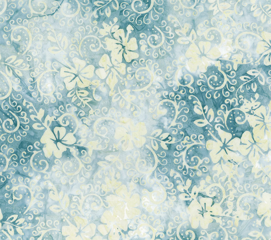 Boardwalk Dreams Batik Quilt Fabric - Hibiscus Swirl in Opal Cream/Blue - 83213-440