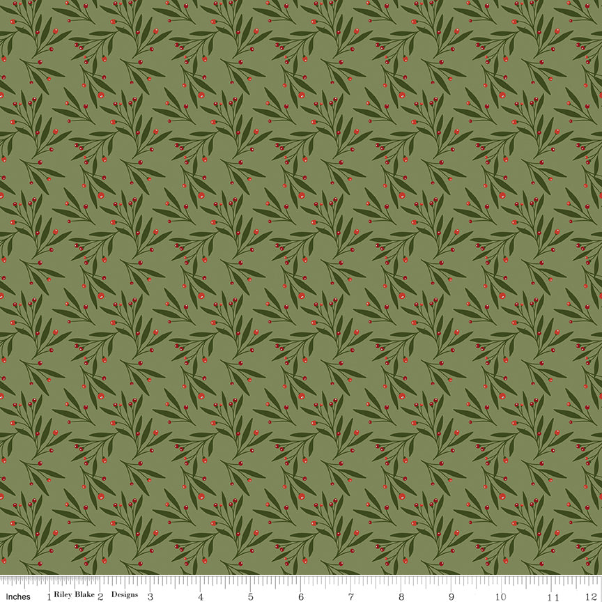 Christmas is in Town Quilt Fabric - Mistletoe in Olive Green - C14745-OLIVE