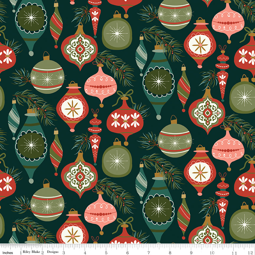 Christmas is in Town Quilt Fabric - Ornaments in Forest Green - C14741-FOREST