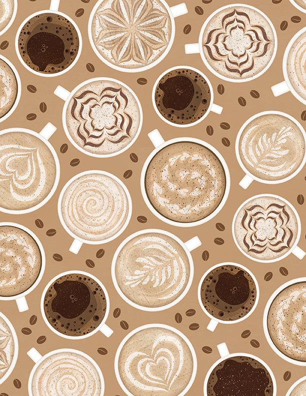 Coffee Life Quilt Fabric - Coffee Art Allover in Latte Tan - 1828-82669-221