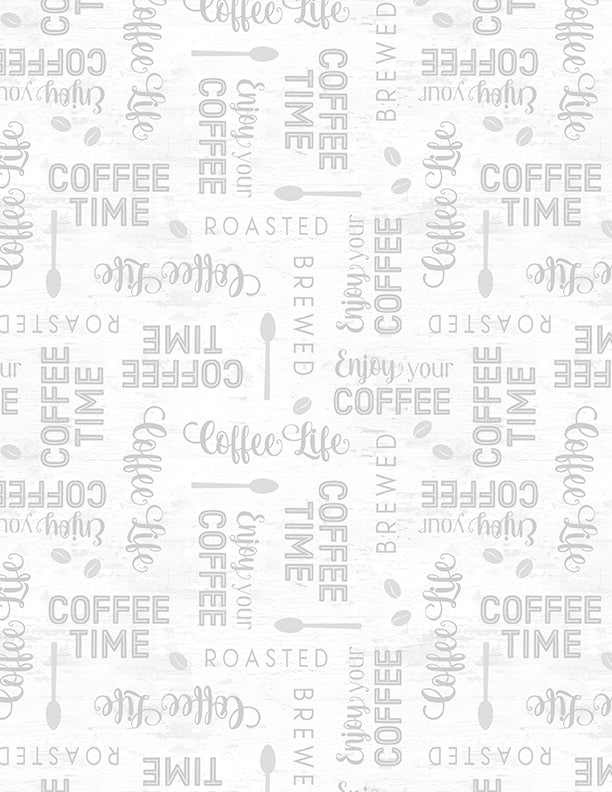 Coffee Life Quilt Fabric - Words All Over in White - 1828-82673-199