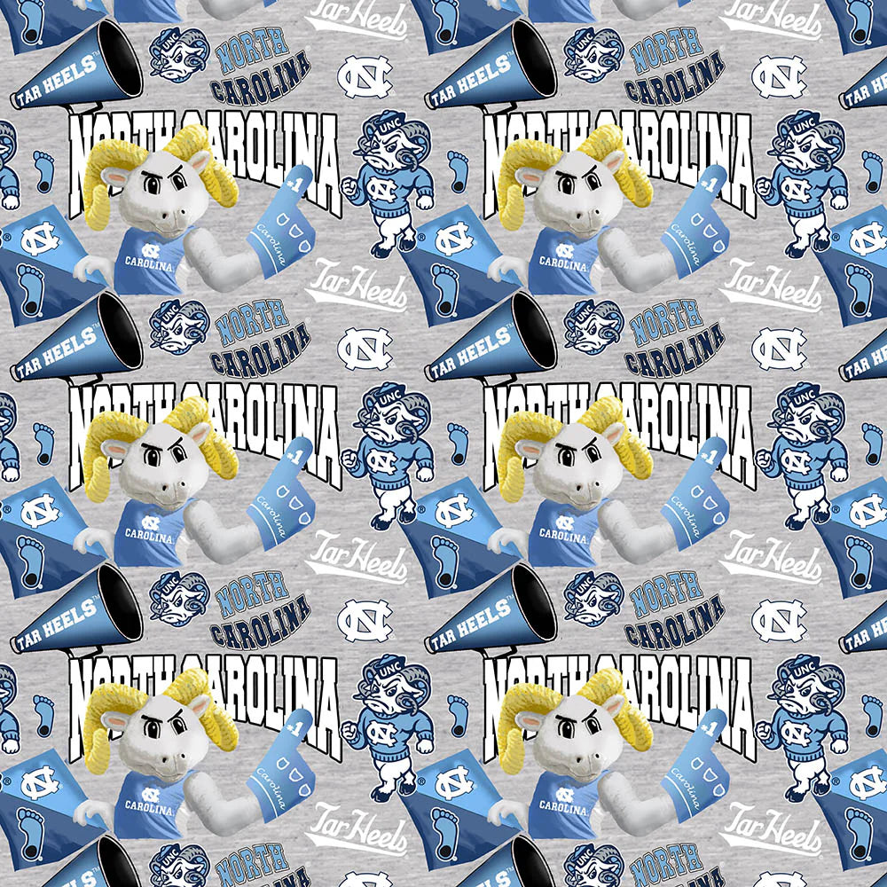 College Prints Quilting Fabric - University of North Carolina (UNC) Collegiate Mascot in Gray/Blue - NC-1164