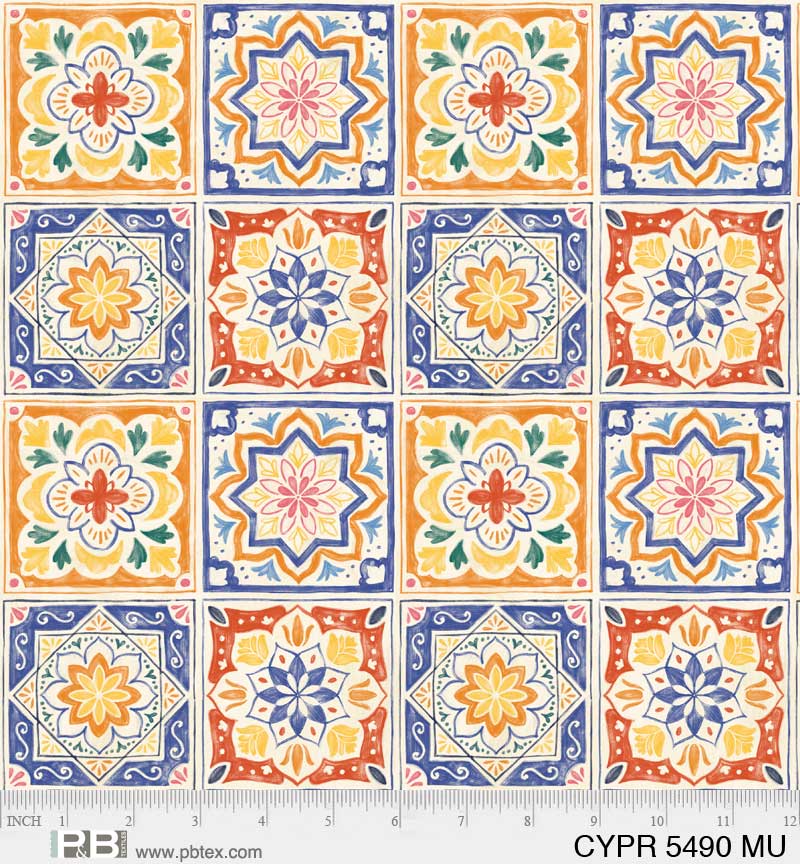 Cyprus Quilt Fabric - Decorative Tiles in Multi - CYPR 5490 MU