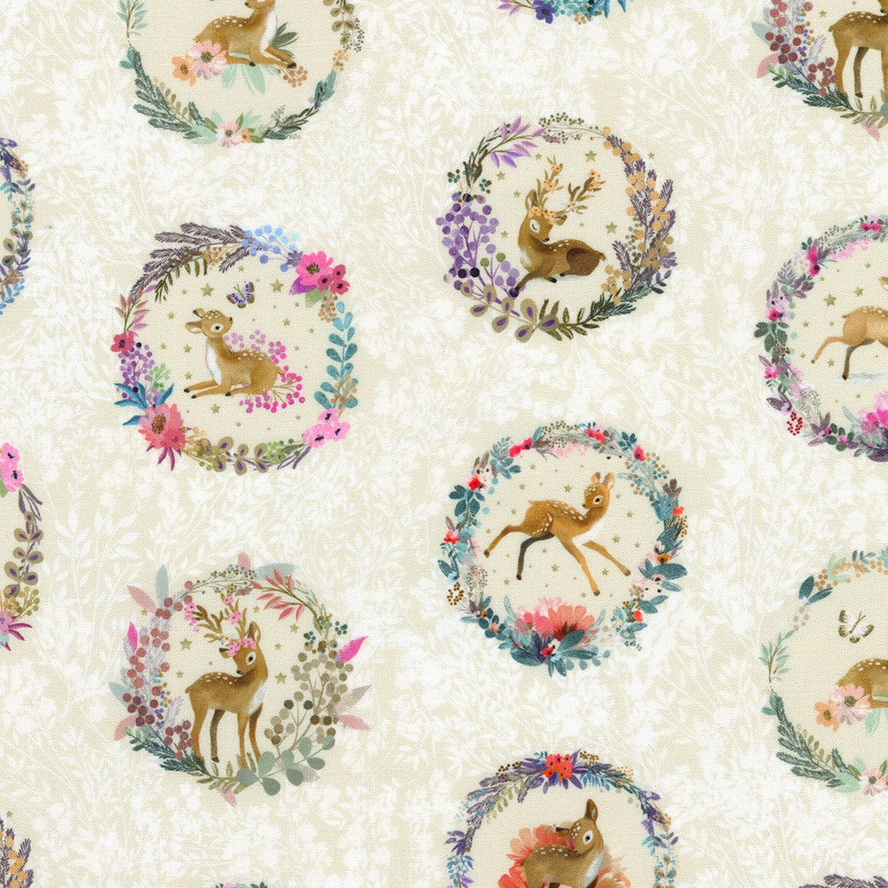 Deer Wilds Quilt Fabric - Deer Medallions in Pearl Cream - AQOD-22715-90 PEARL