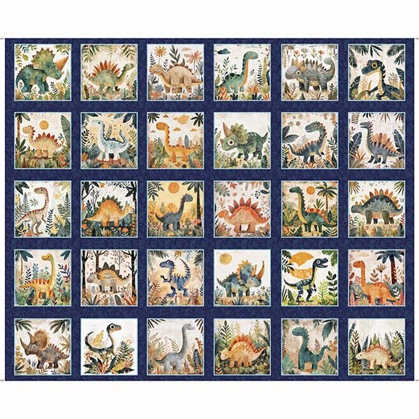 Dinoroars! Quilt Fabric - Picture Patches Panel in Navy - sold as a 36" panel - 2600 30809 N