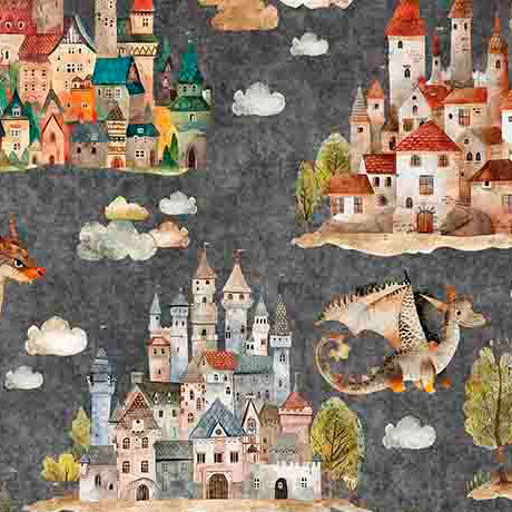 Dragon Dreams Quilt Fabric - Dragons and Castles in Steel Gray - 2600 30958 K