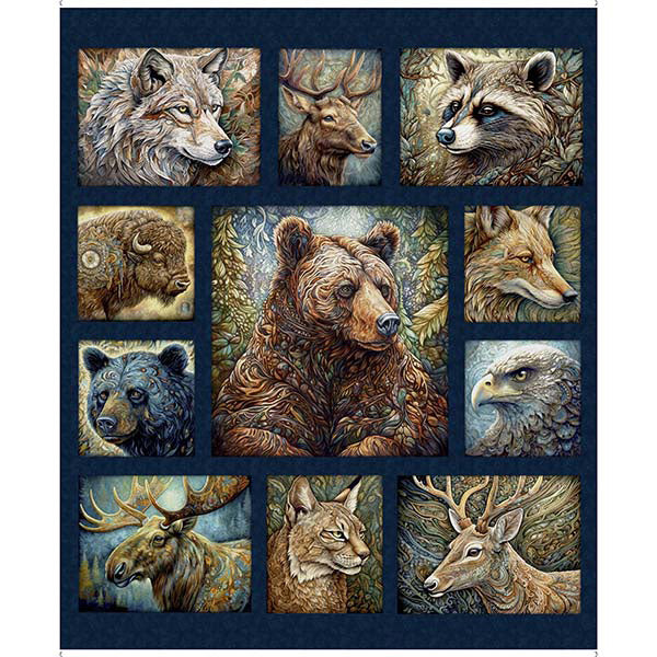 Enchanted Forest Quilt Fabric - Animal Panel in Navy Blue - 2600 30464 N - SOLD AS A 36" PANEL