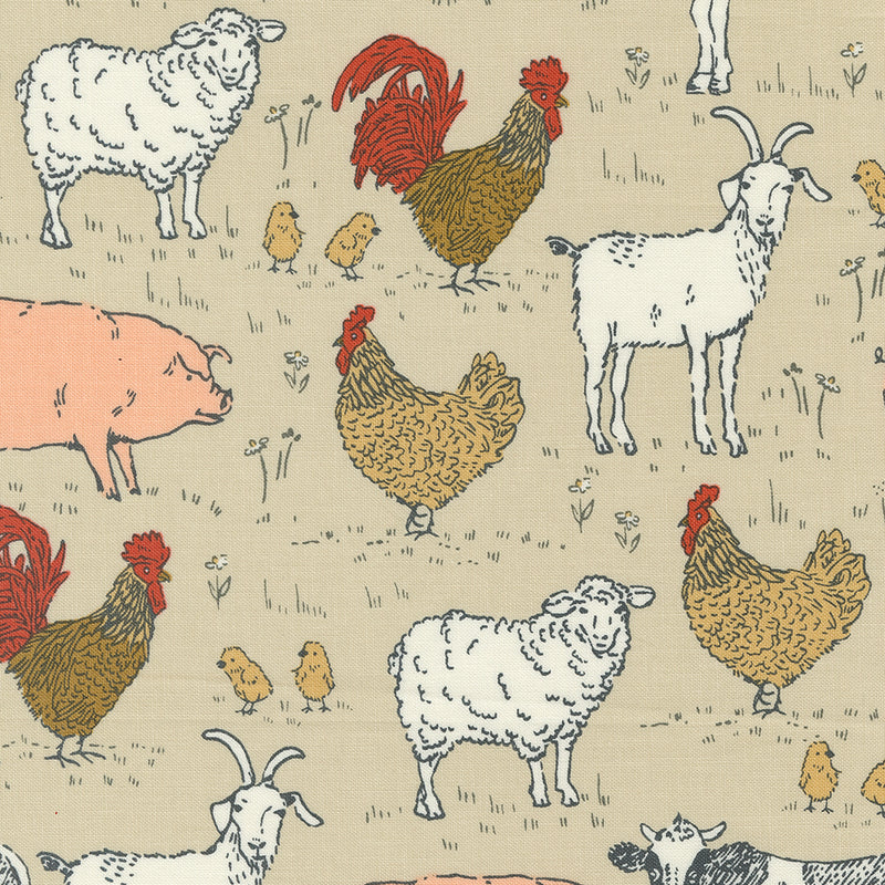 Farmstead Quilt Fabric - Animal Farm in Linen Tan - 20903 12