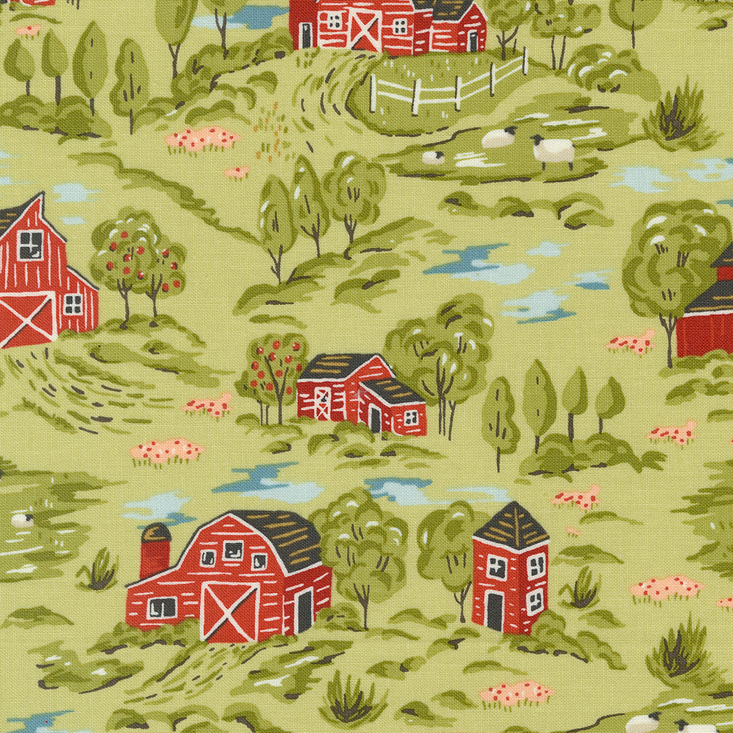 Farmstead Quilt Fabric - Vintage Farm Scene in Celery Green - 20901 17