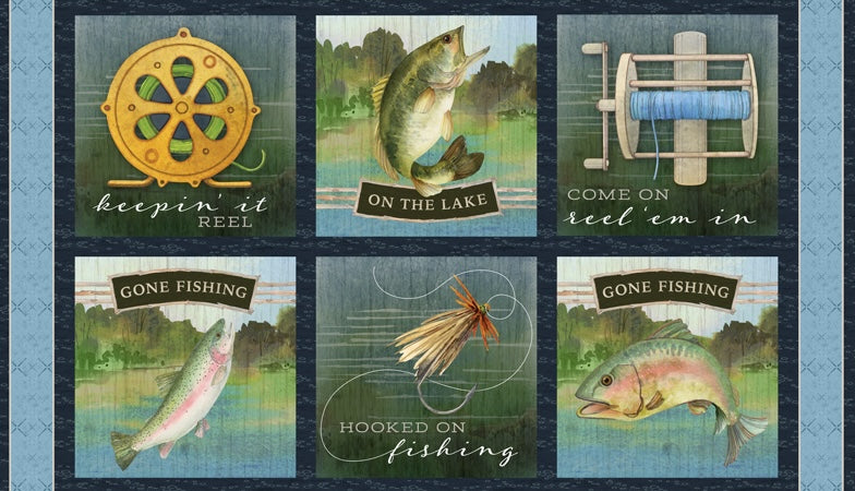 Gone Fishing Quilt Fabric - Craft Panel in Multi - 3061 21761 417 - SOLD AS A 24" PANEL