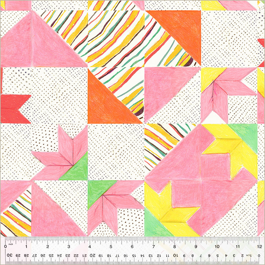 Heather Ross By Hand Quilt Fabric - Bee's Quilt in White/Multi - 54248D-1