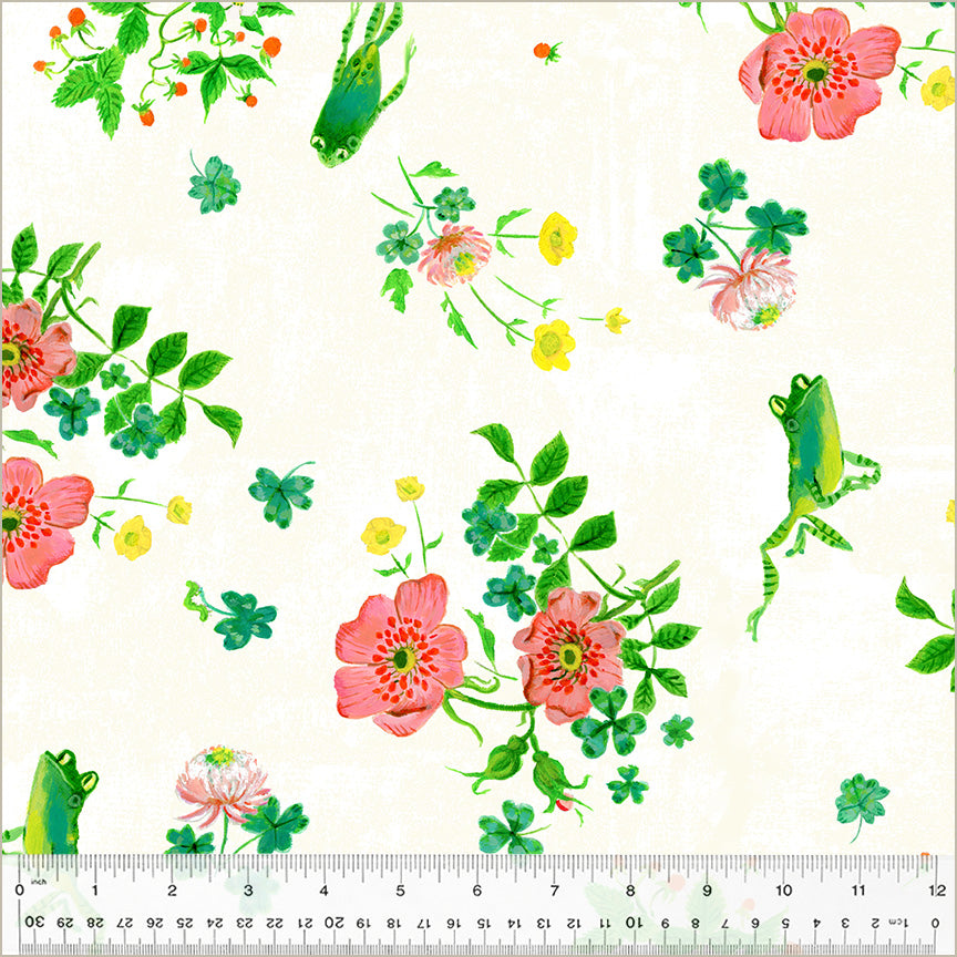 Heather Ross By Hand Quilt Fabric - Frog Spring in White/Multi - 54249D-1