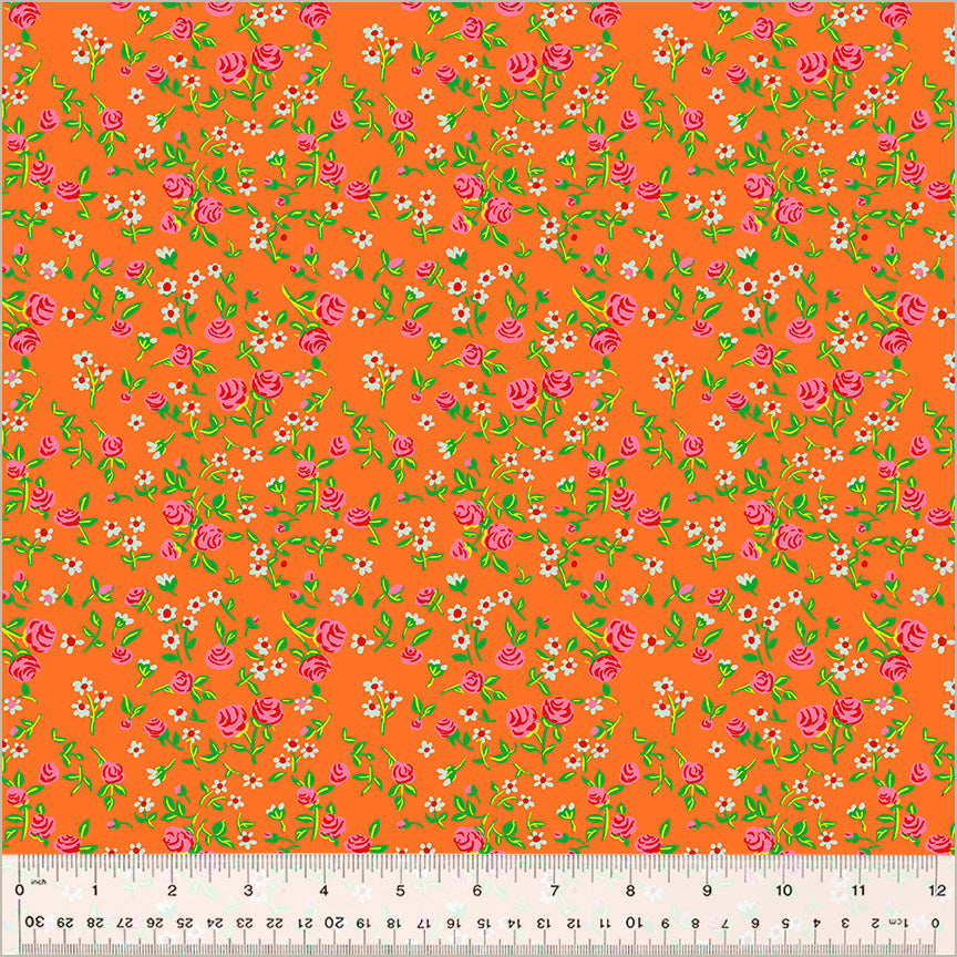 Heather Ross By Hand Quilt Fabric - Mousy Floral in Tangerine Orange - 54255D-7