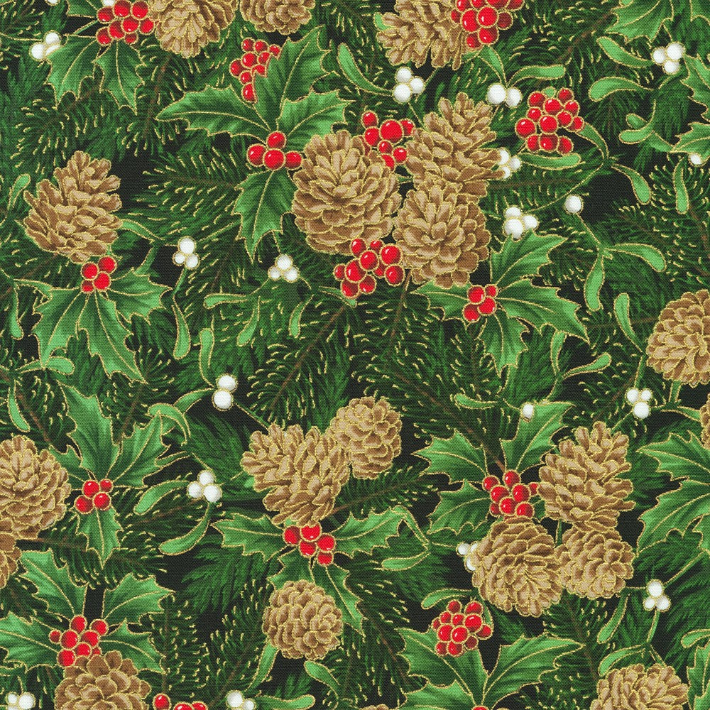 Holiday Flourish Festive Finery Quilt Fabric - Branches and Pinecones in Forest Green - SRKM-22289-44 FOREST