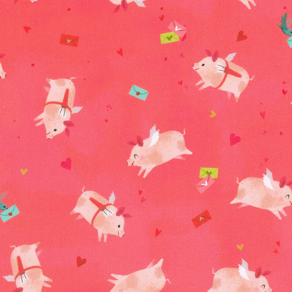 Little Valentine Quilt Fabric - Flying Pigs in Coral Pink - AKFD-22941-143 CORAL