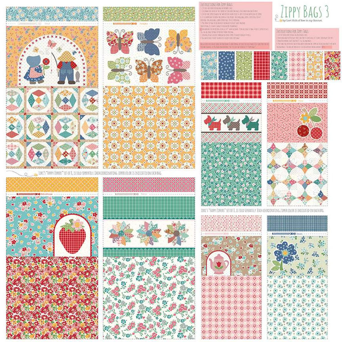 Lori Holt Zippy Bags Quilt Fabric - Zippy Bags 3 - HD15572-PANEL- SOLD AS A 56" x 56" PANEL