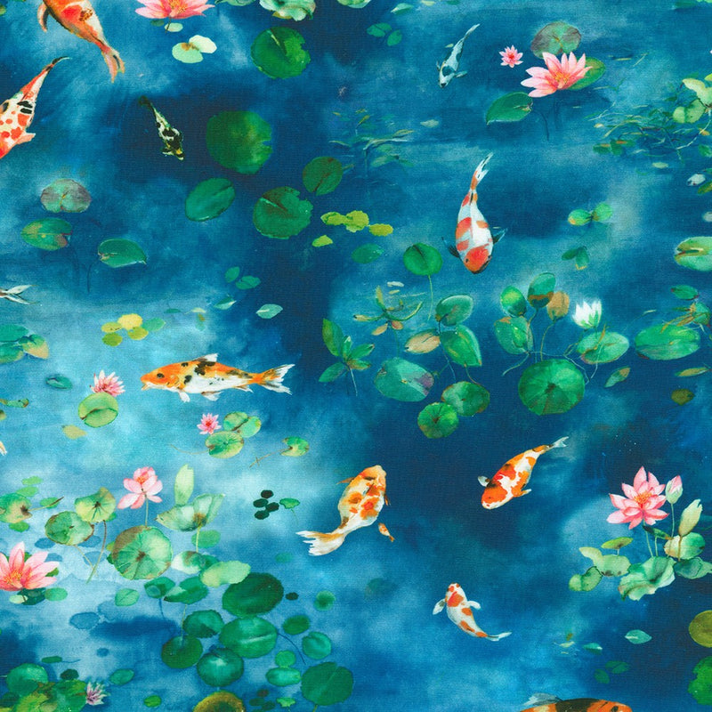 Lotus and Koi Quilt Fabric - Koi Pond in Blue - AVMD-22606-4 BLUE