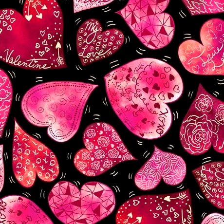 Love Struck Quilt Fabric - Large Decorative Hearts in Black - 2600 30778 J