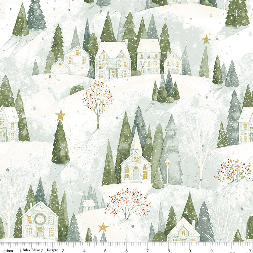 Magical Winterland Quilt Fabric - Home Sweet Home in Snow (White/Light Blue) - C14940-SNOW
