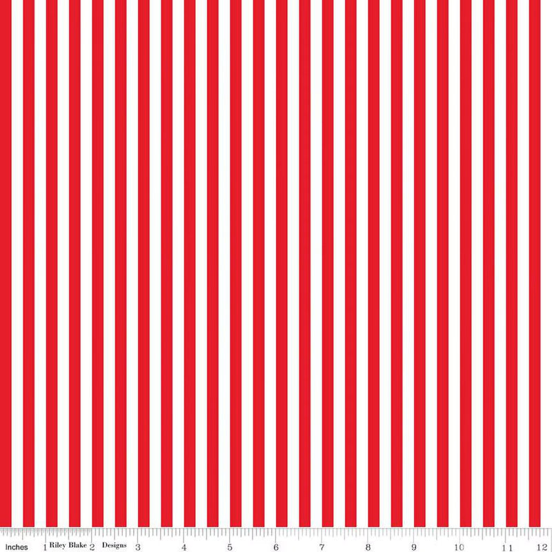 Riley Blake Basics Quilt Fabric - 1/4 Inch Stripe in Red/White - C555-RED