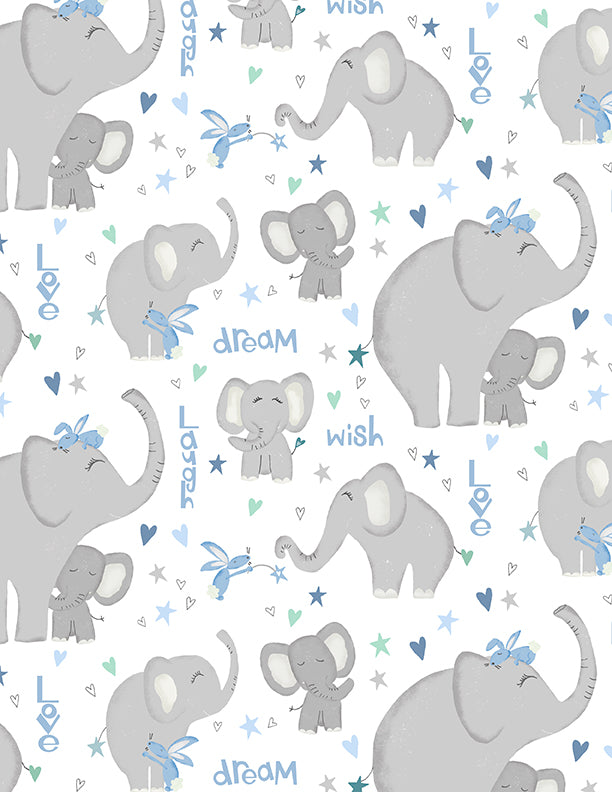 Safari Lullaby Quilt Fabric - Elephant Allover in White - 3060 36263 194