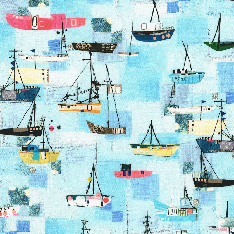 Shoreline Quilt Fabric - Boats in Sea Mist Blue - RPTD-22892-462 SEA MIST