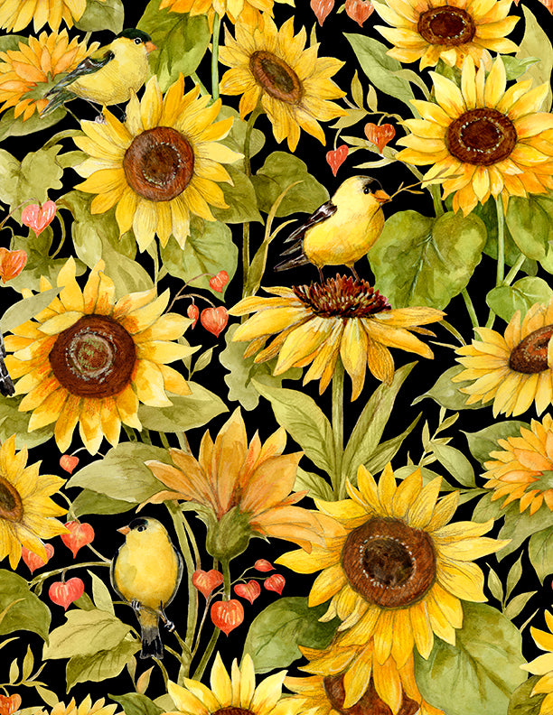 Sunflower Splendor Quilt Fabric - Sunflowers and Bird All Over in Black - 3023-83327-957