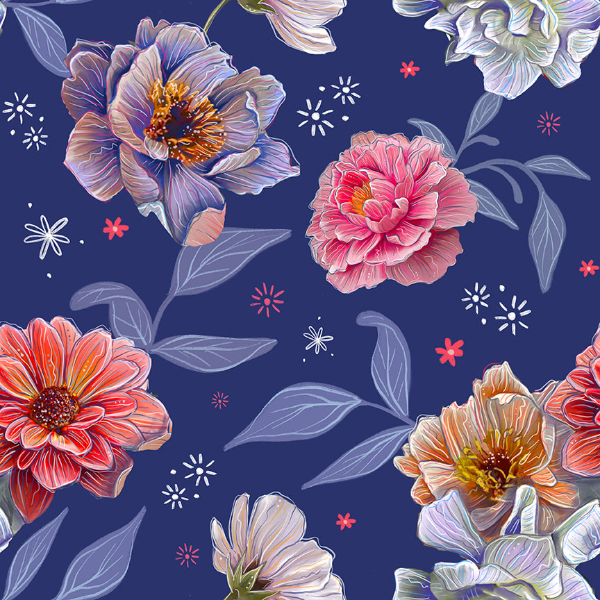 Visions Quilt Fabric - Midnight Blooms in Navy - 12023627