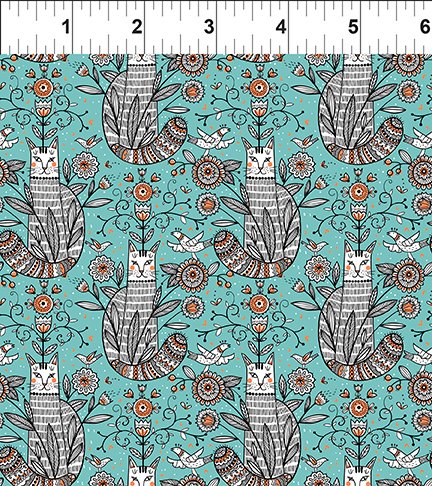 Whimsy Quilt Fabric - Cats in Teal - 13WMS-1