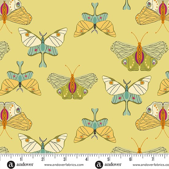 Winged Garden Quilt Fabric - Fluttering Moths in Golden Gleam Yellow - A-1068-Y